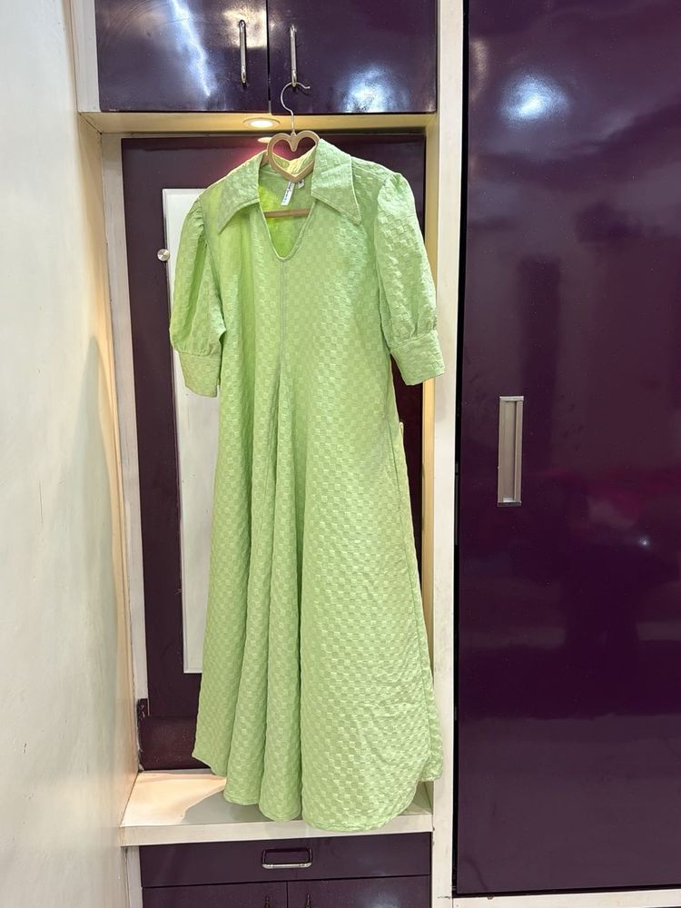 Neon Green Checkered Midi Dress With Pockets