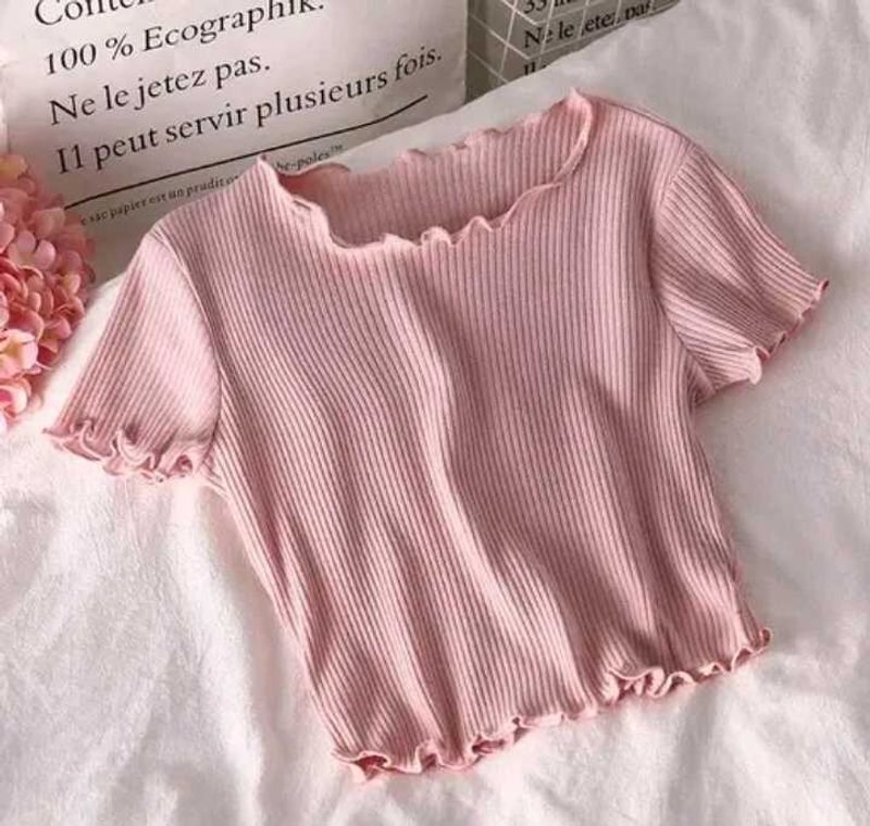 Pink Ruffle Trim Ribbed Knit Top