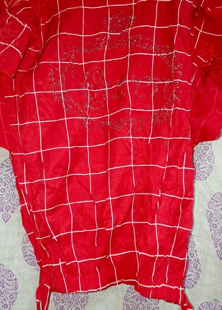 Red Plaid Embellished Top