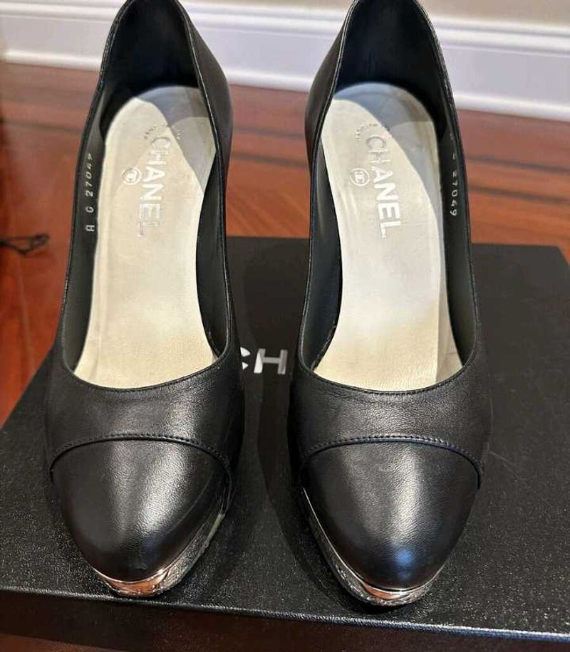 Chanel Black Leather Cap Toe Pumps