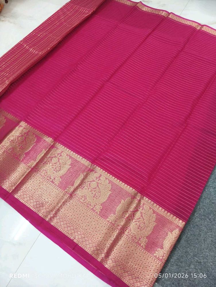 Elegant Pink Saree with Gold Border organza Check