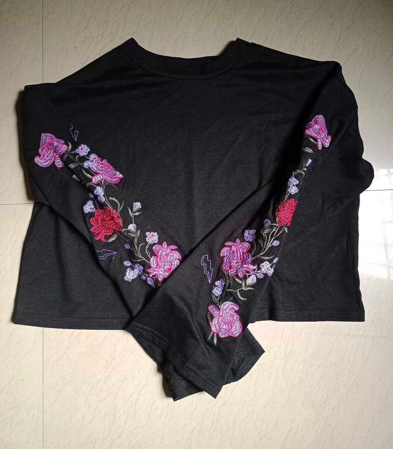 Black Embroidered Crop Top