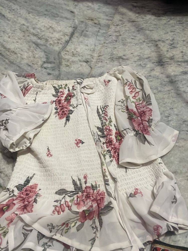 Floral Smocked Top with Chiffon Sleeves