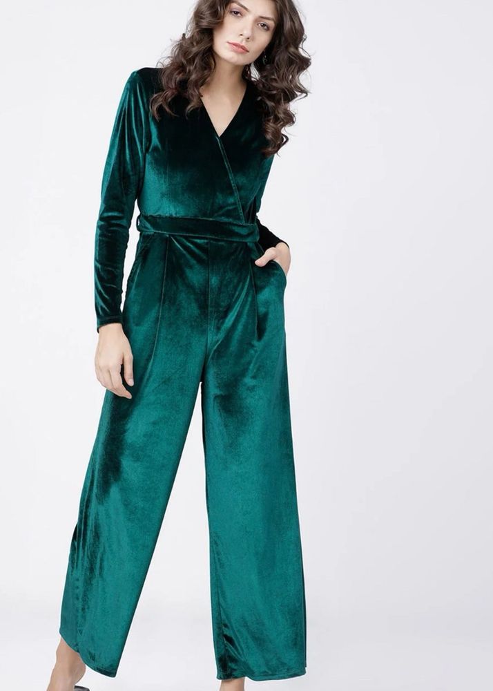 Tokyo Talkies Elegant Green Velvet Jumpsuit XL