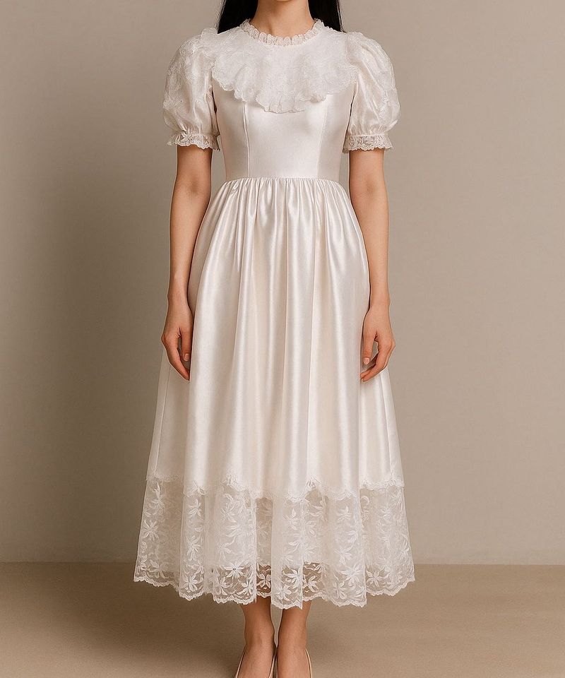 White Satin Dress with Lace Details