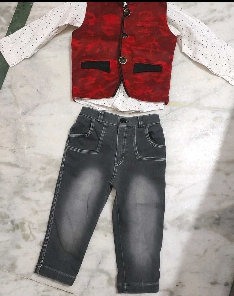 Red Waist Coat White Shirt Black Pant Set 3-4 Year