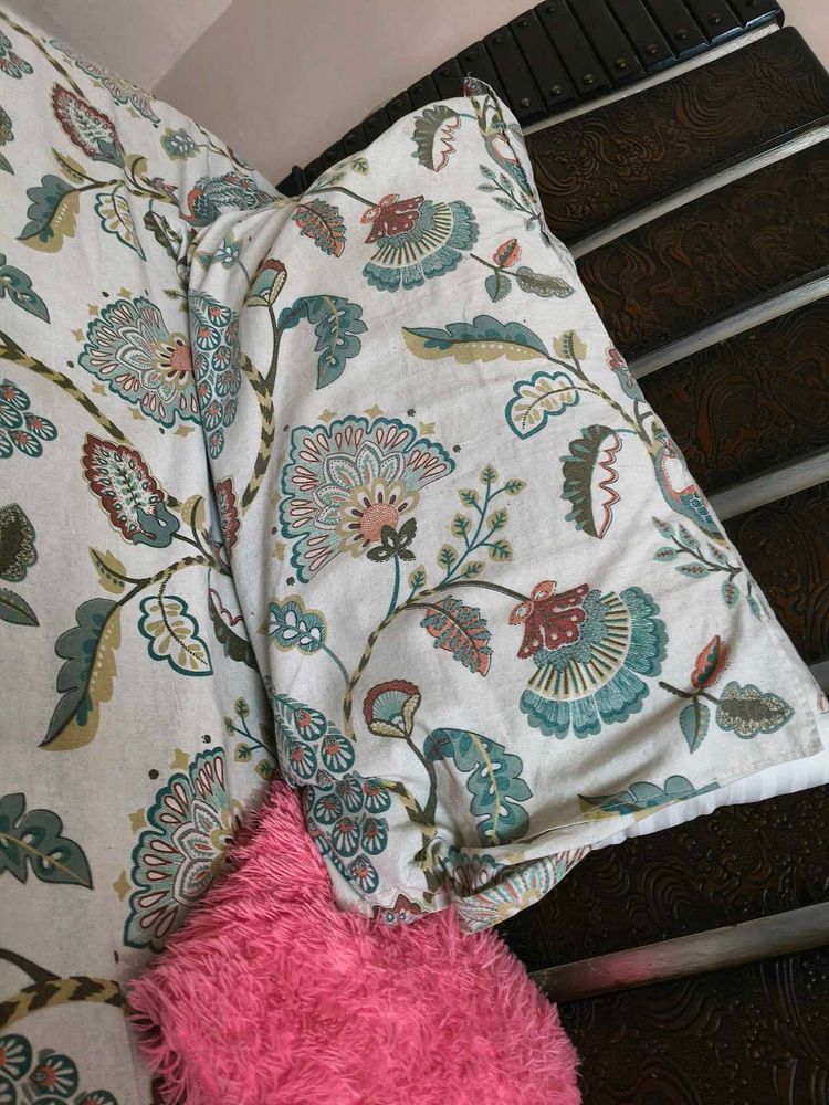 Off White Printed Double Bedsheet With Pillow Cove