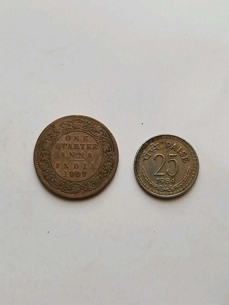 Quarter Anna Of 1907 &amp; 25 Paise Coins