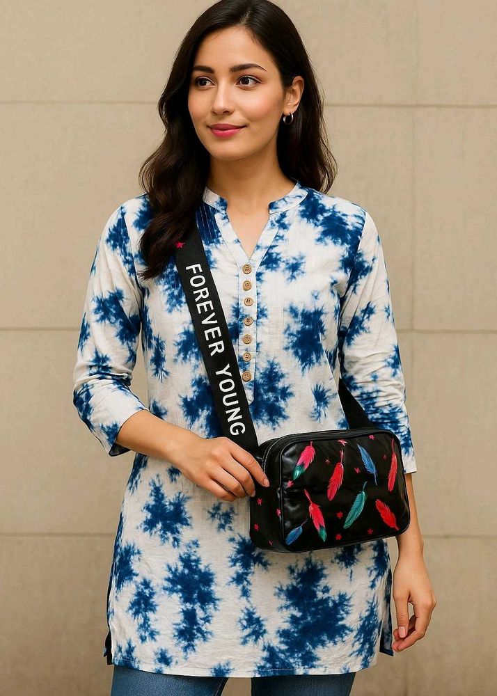 Feather Print Glossy Sling Bag with Strap