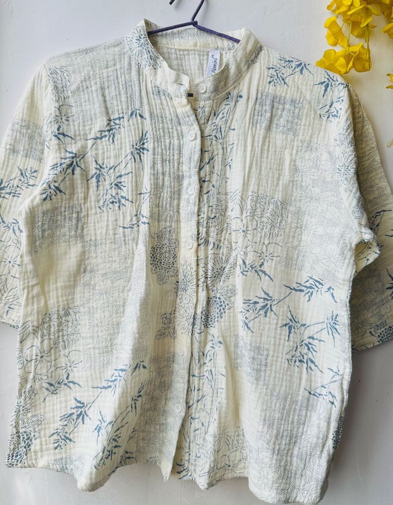 White Linen Floral Print Top