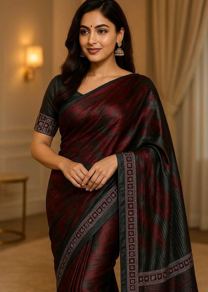 Elegant Maroon &amp; Black Designer Saree