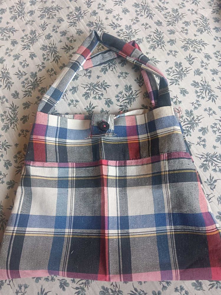Plaid Tote Bag with Button Detail