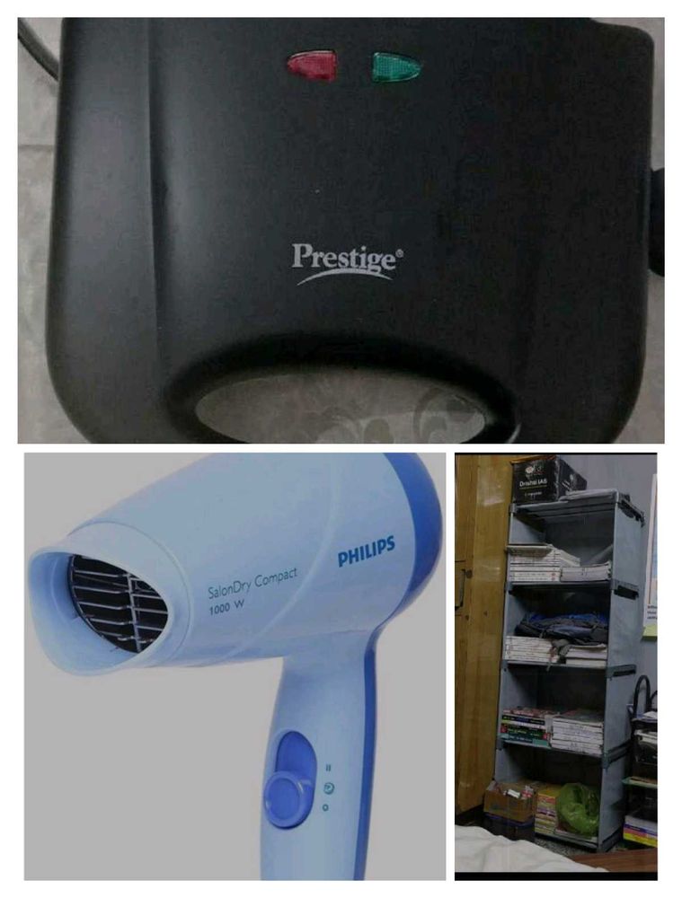 combo of sandwich maker, hair dryer, diy almirah