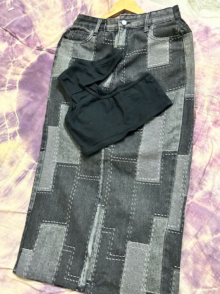 Denim Skirt And Sleeveless Top