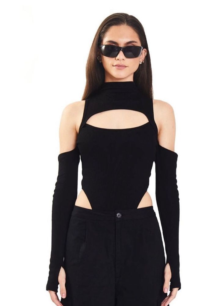 Black Ribbed Two Way Body Suit