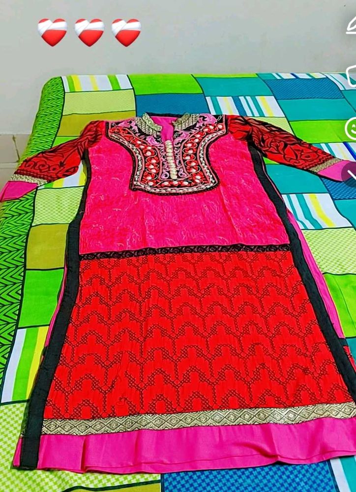 Embroidered Pink &amp; Red Kurti