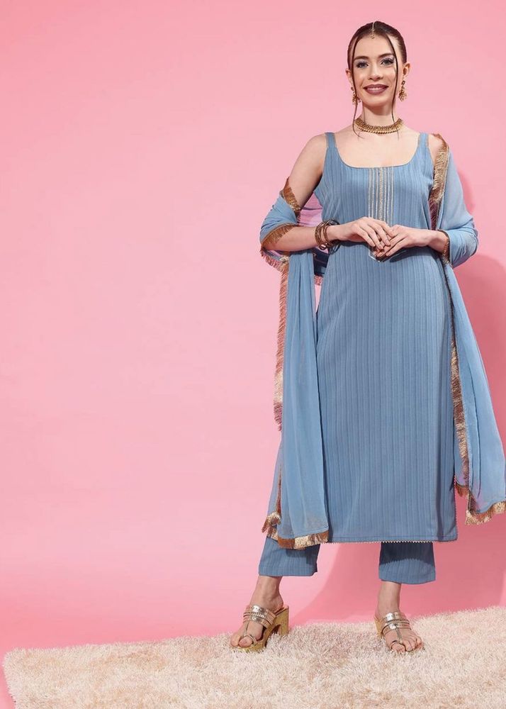 Zari Embroidery Kurti With Trousers And Dupatta