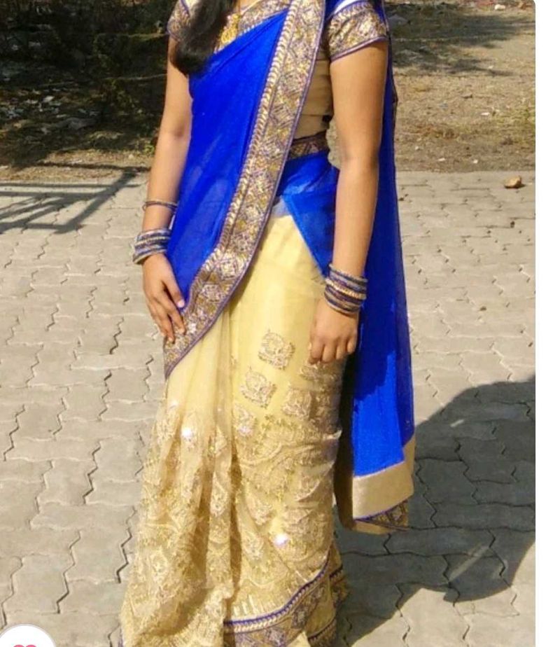 Net Blue &amp; Gold Saree