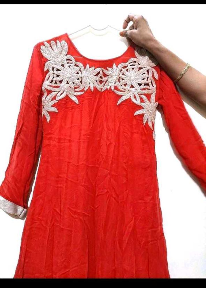 Red Embroidered Long Sleeve Tunic Gown