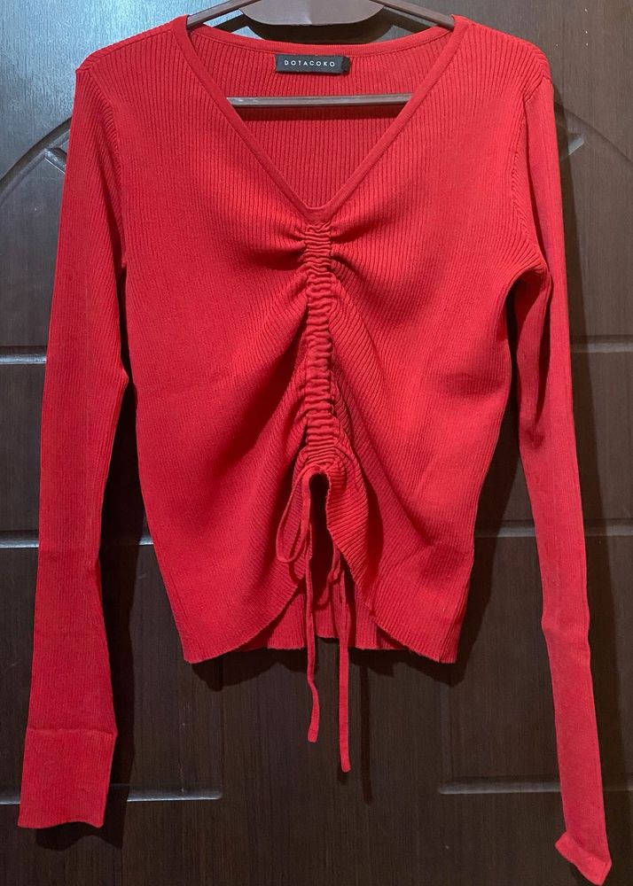 Ribbed Tie Detail Red Top
