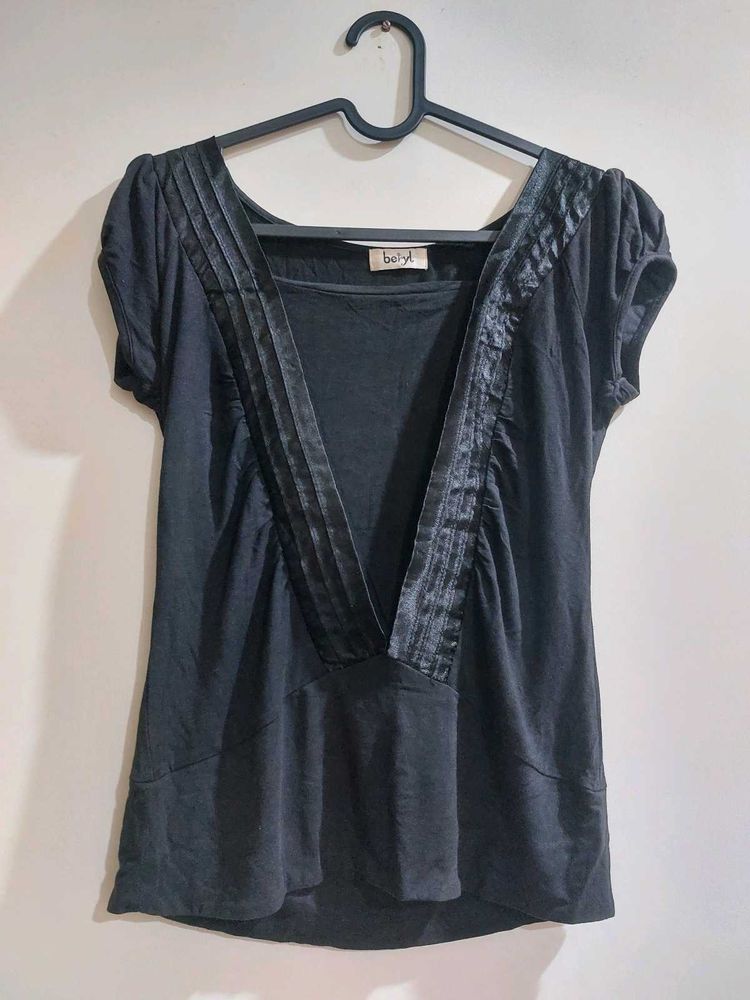 Black Stretch Top With satin Detailing