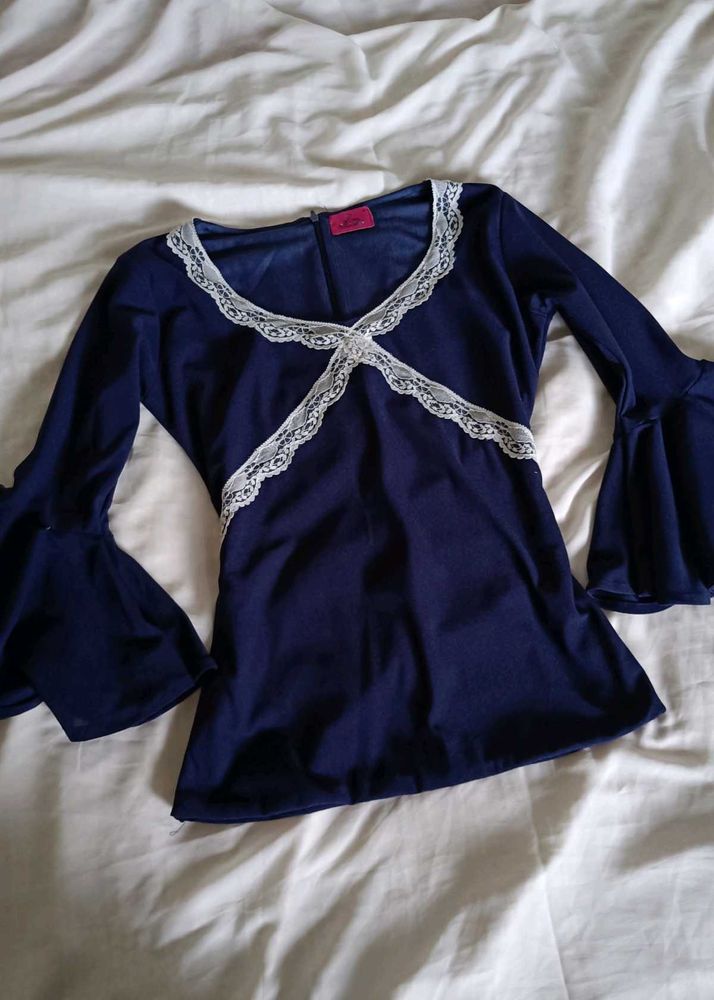 Navy Blue Lace Trim Bell Sleeve Top