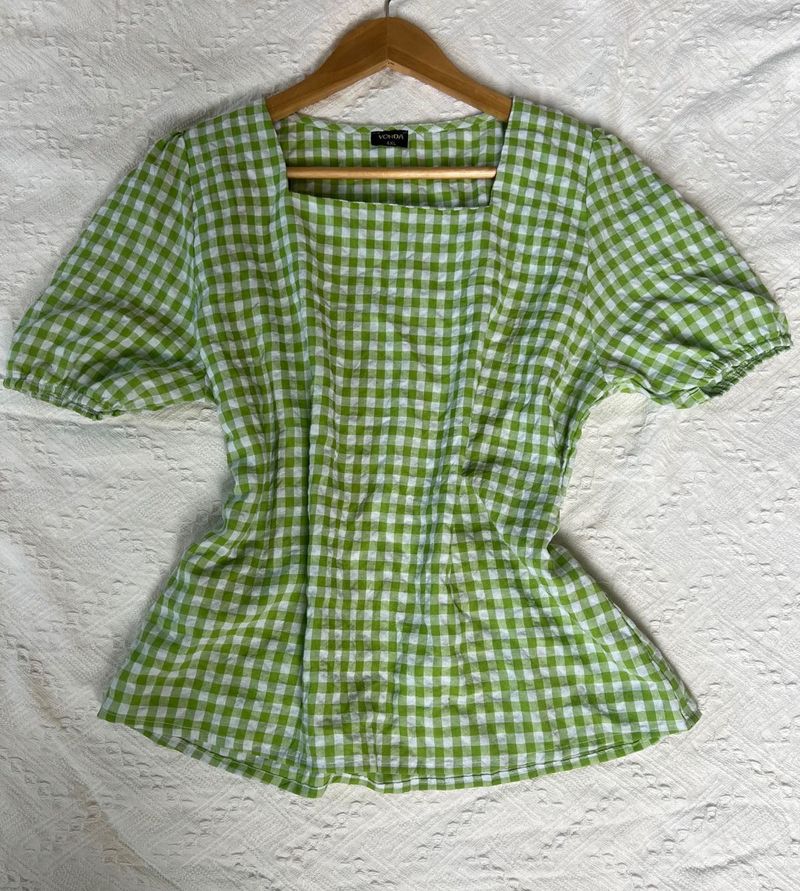 Green Gingham Square Neck Top