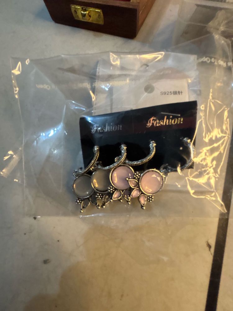 Silver Tone Pink Gray Stone Drop Earrings Combo 3