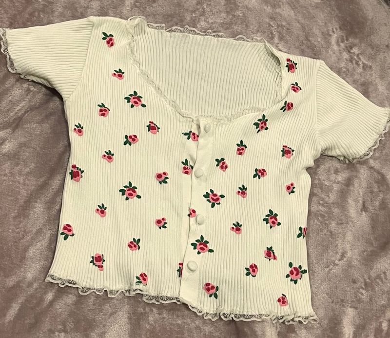 Floral Print Ribbed Crop Top