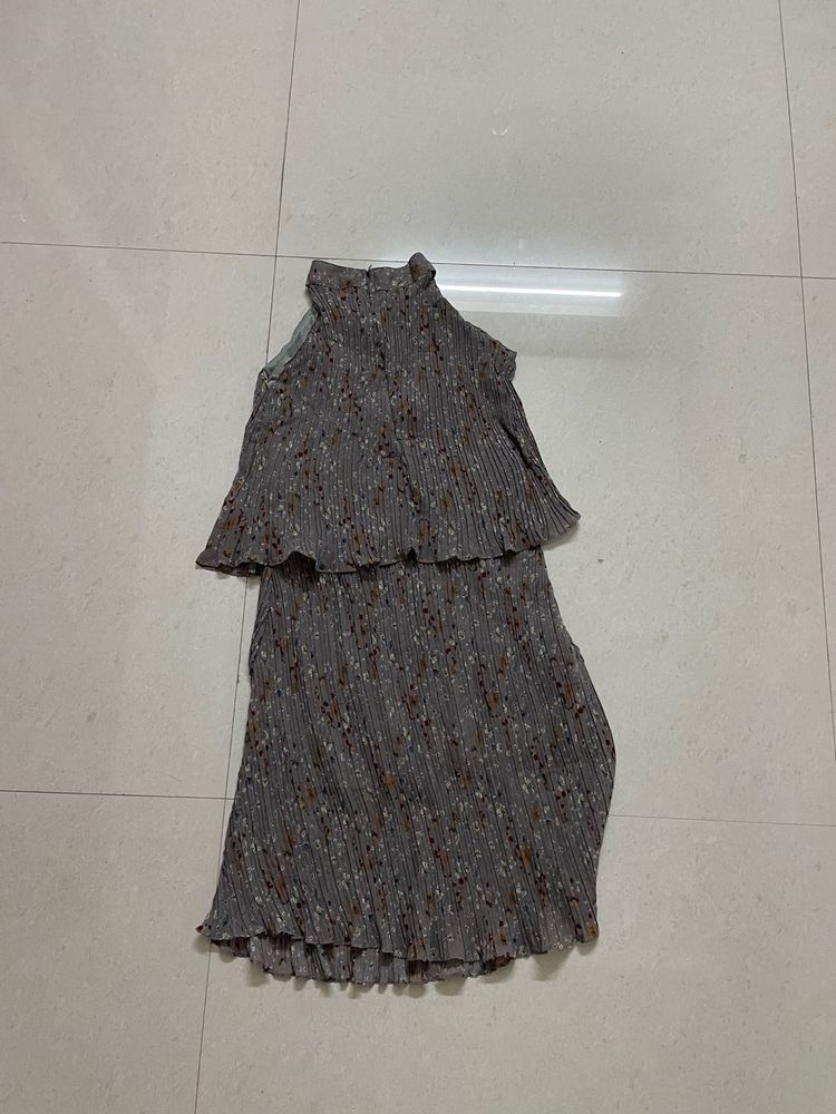 Gray Floral Pleated Dress
