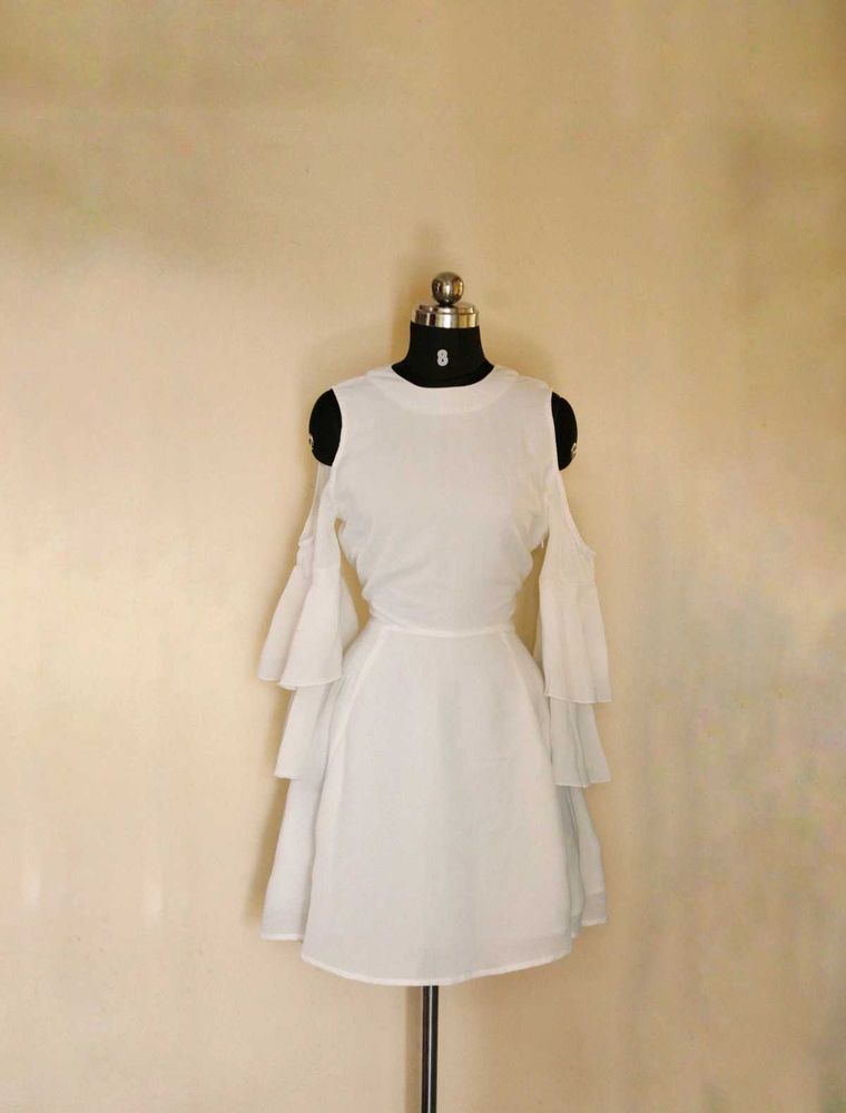 White Cold Shoulder Ruffle Dress