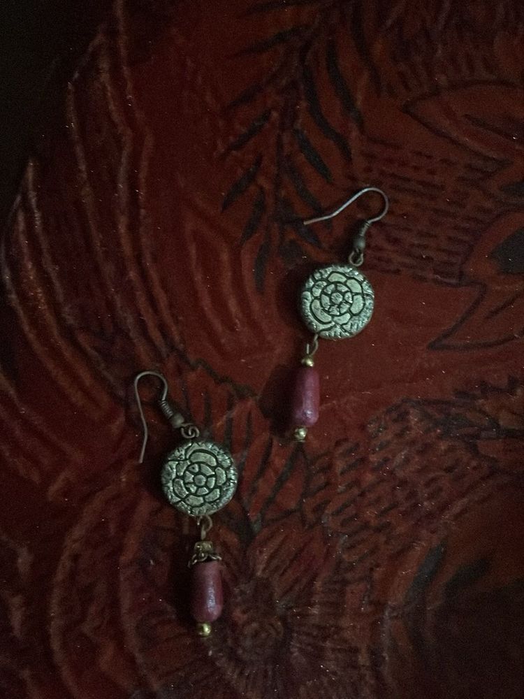 Vintage Silver &amp; Red Beaded Earrings