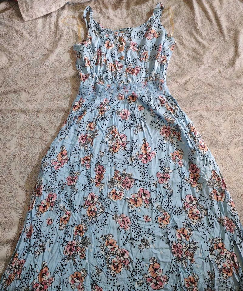 Light Blue A-line Full Length Half Sleeves Dress