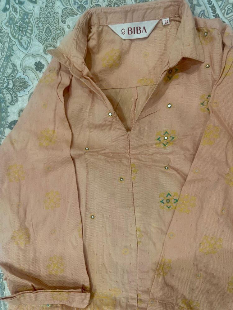 Biba Womens A-line Peach Kurta With Slits