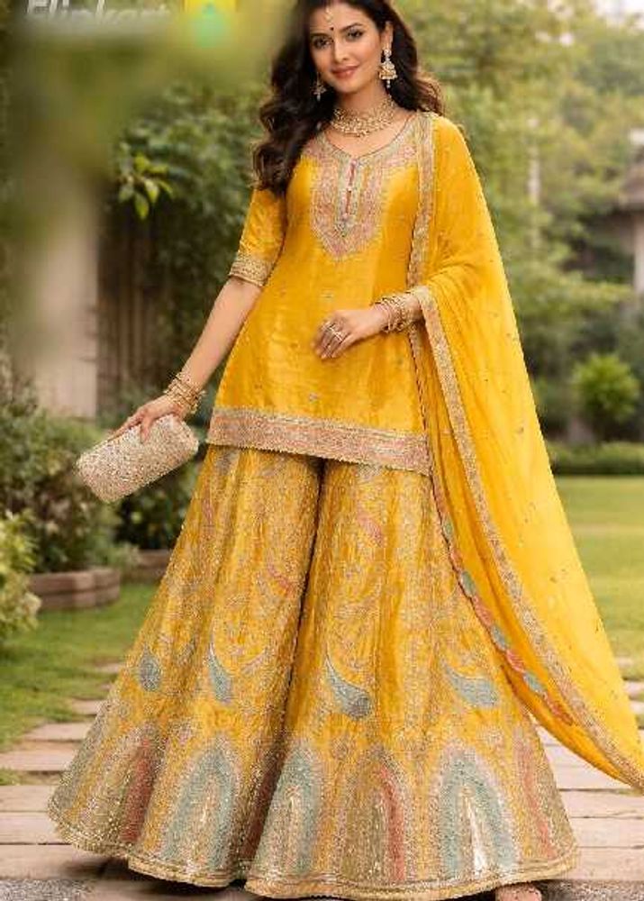 year ending offer Yellow Embroidered Sharara Suit