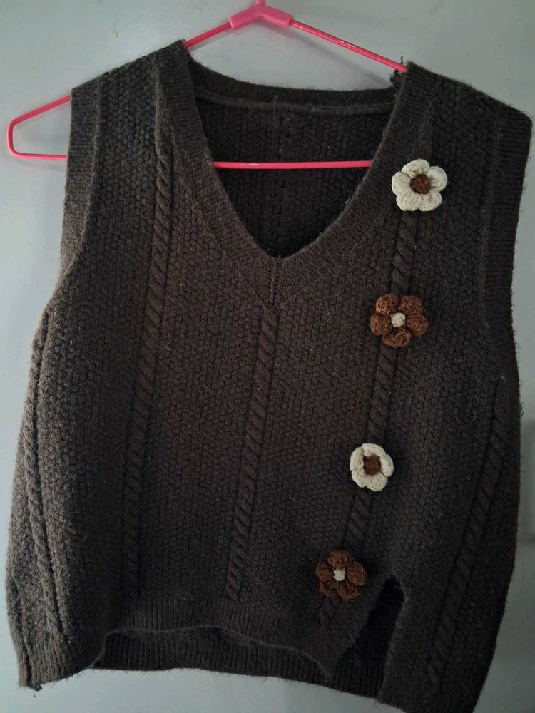 Brown Knit Vest with Floral Detail