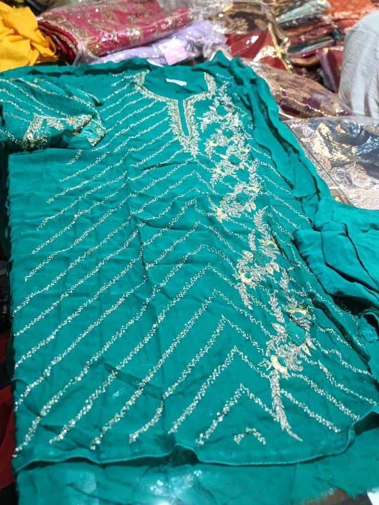 Elegant Green Embroidered Dress Material