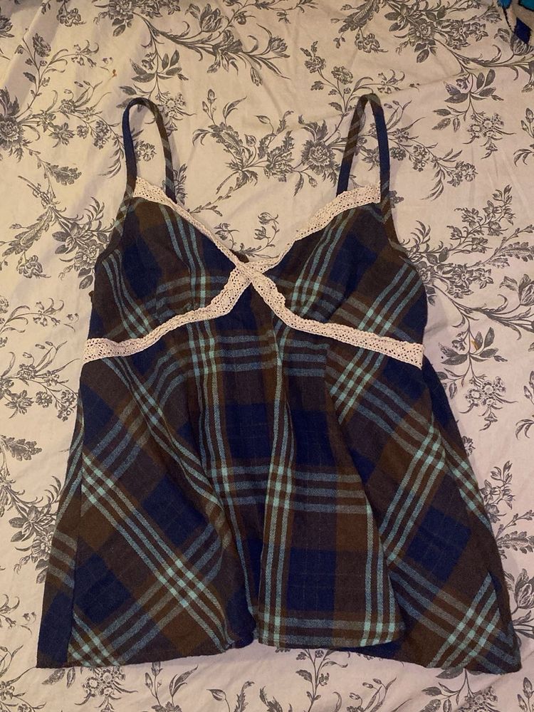 Plaid Cami with Lace Trim