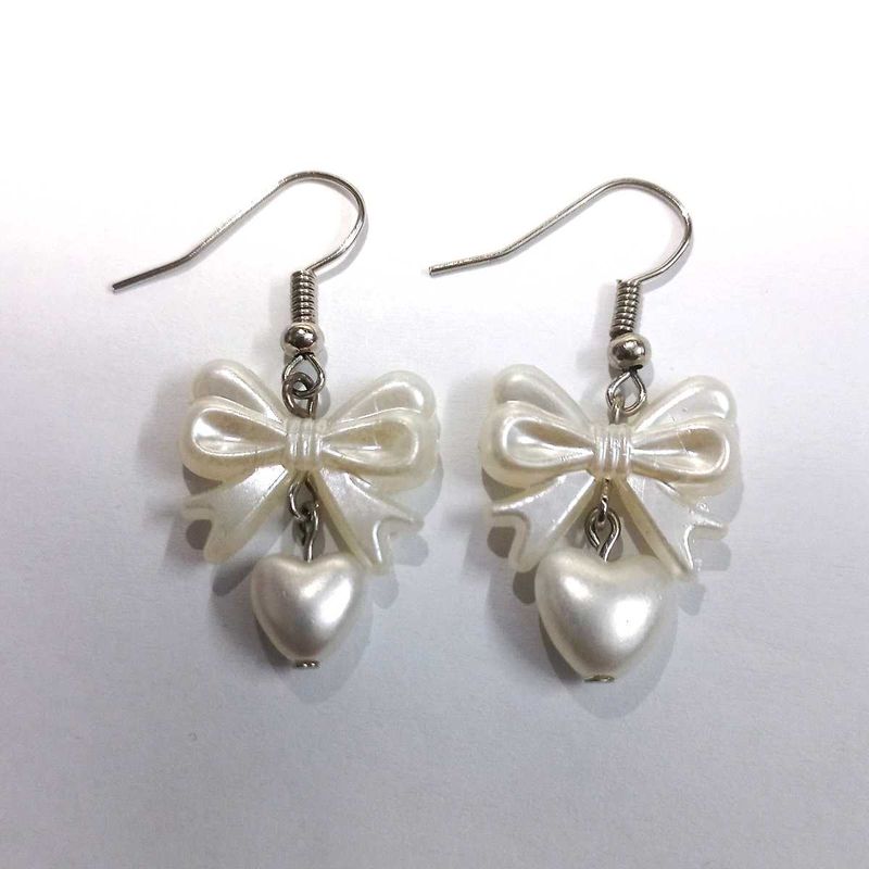 Handmade Pearl Bow Earrings with Heart