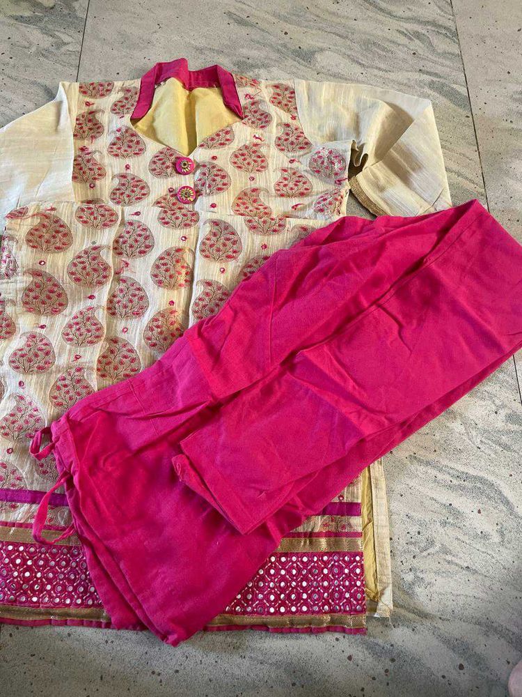 cream dress with dupta and payjama set
