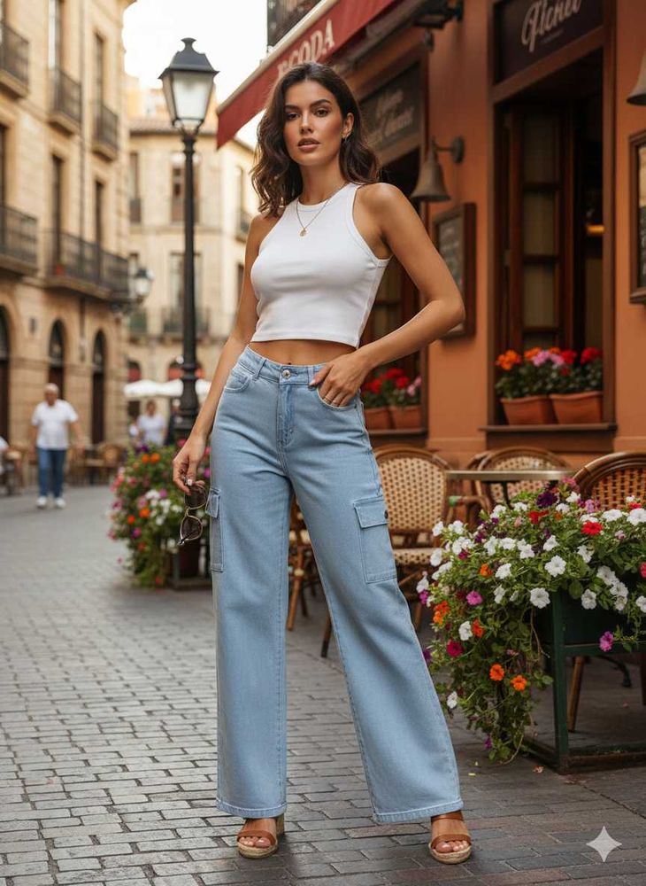 🤑L@85 Size-26 Light Wash Wide Leg Cargo Jeans