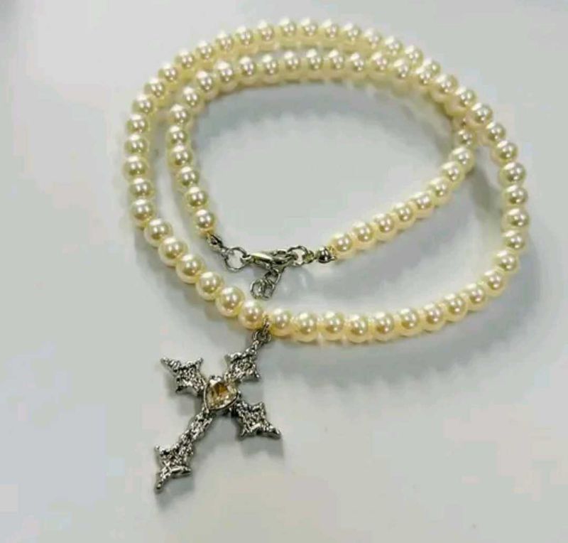 Y2k Necklace Gothic Cross Pearl