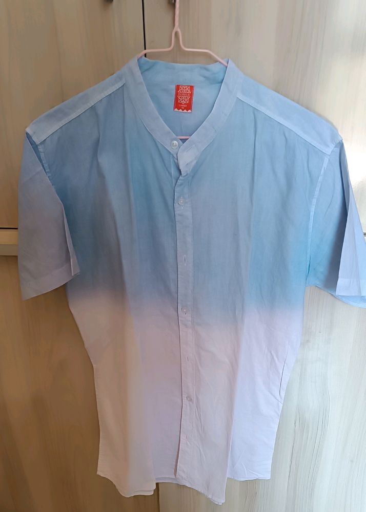 Men/Unisex Mandarin Collar Half Sleeve Jean Blue And White Shaded Shirt Size - 40