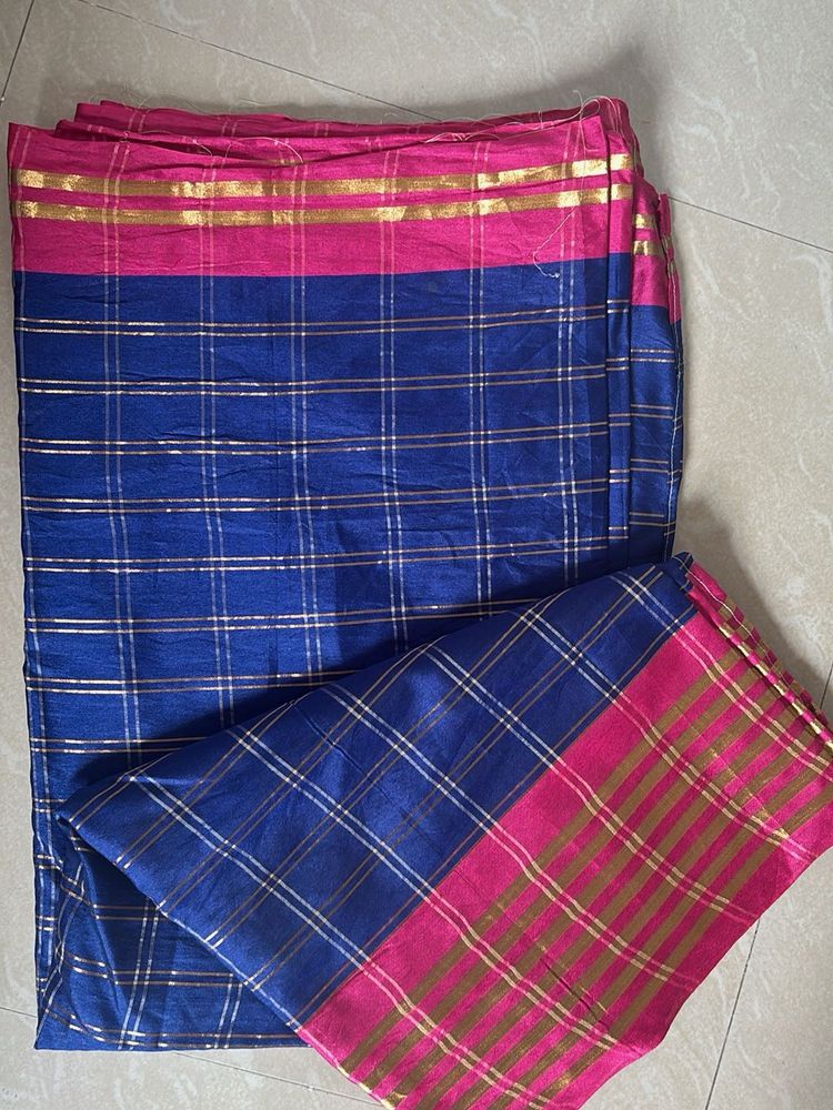 Blue &amp; Pink Checked Saree