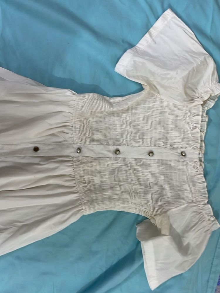 White Offshoulder Beach Dress with Buttons