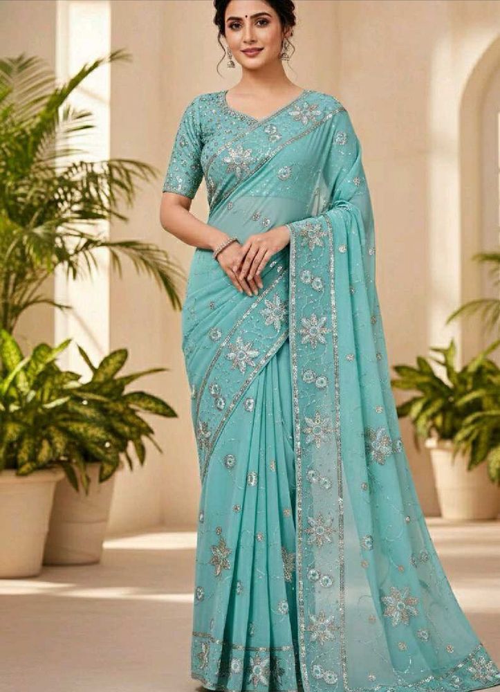 Elegant Blue Embellished Saree