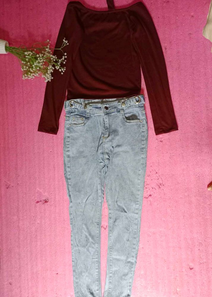 Burgundy Top &amp; Light Wash Jeans