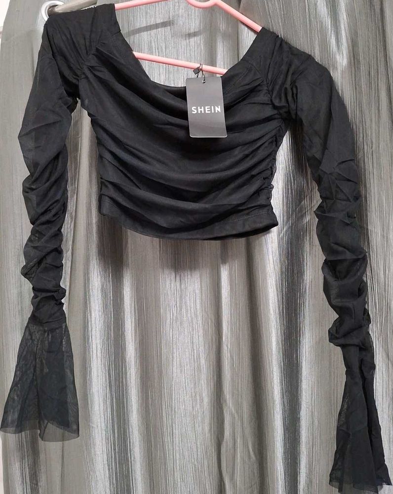 Shein Black Ruched Long Sleeve Top