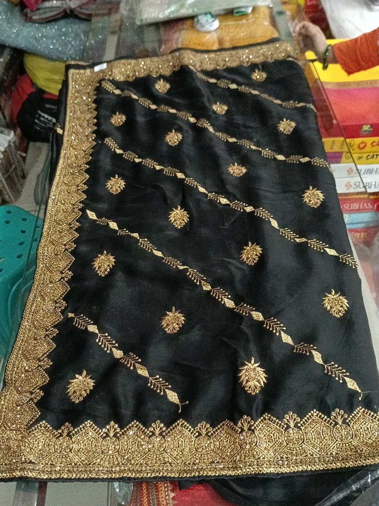 Elegant Black &amp; Gold Embroidered Saree