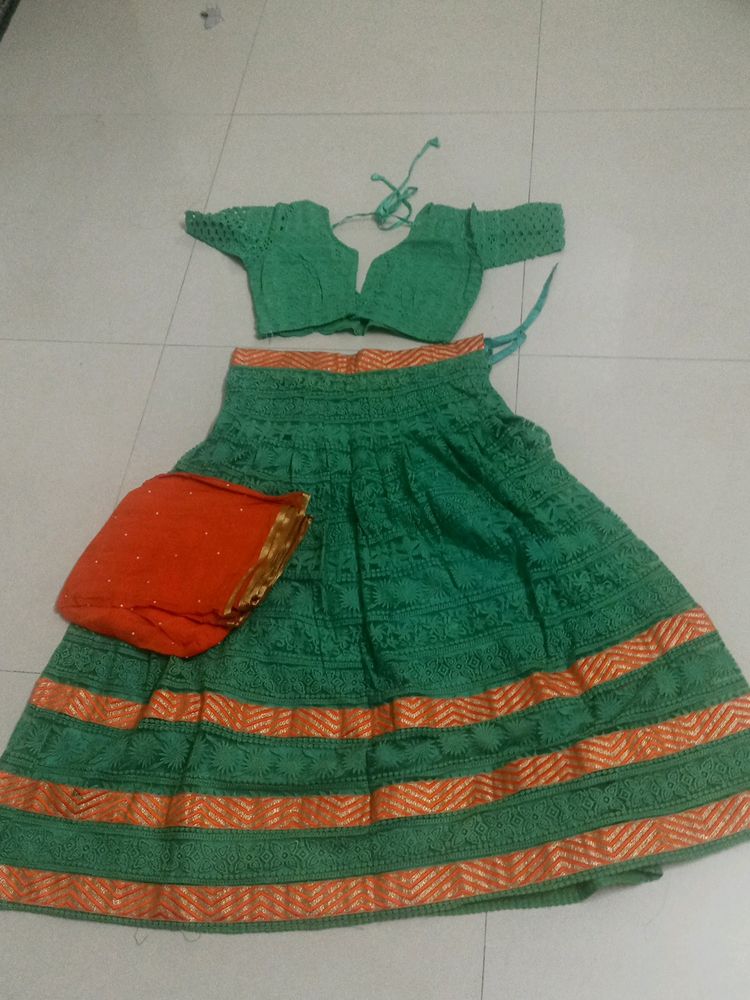 Orange Oodni Green Lehenga